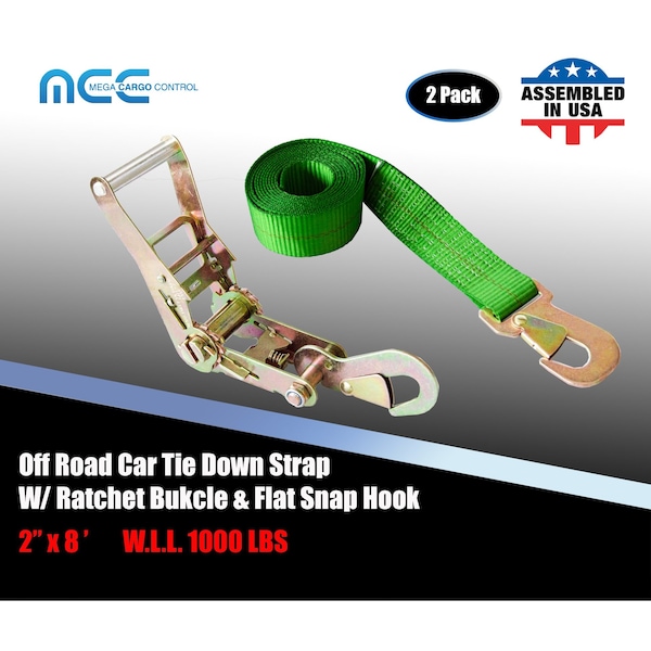 2" x 8' Off-Road Ratchet Tie Down Strap w/Snap Hook Auto Hauler Tow Truck Green, 2PK
